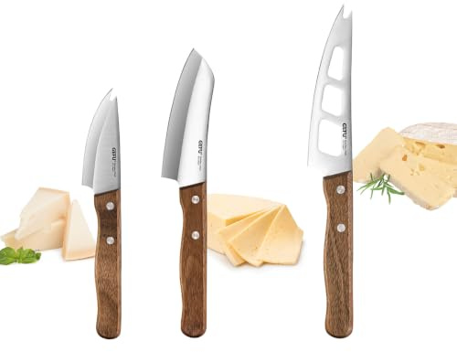 GEFU 3er Käsemesser-Set CAVINA - Walnussholz - Messer für Weich & Hartkäse | Hochwertiges Set mit Antihaft-Klinge, ergonomischem Holzgriff und stabiler Spitze zum Schneiden sowie Brechen von Käse.
