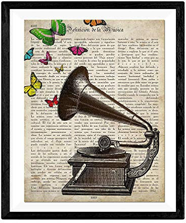 Nacnic Vintage Grammophon mit Schmetterlinge Poster. Vintage Stil Wanddekoration Abbildung von Musik und Insekten mit Bucherseite Hintergrund. Verschiedene kreative Bilder ohne Rahmen. Größe 24x30cm.