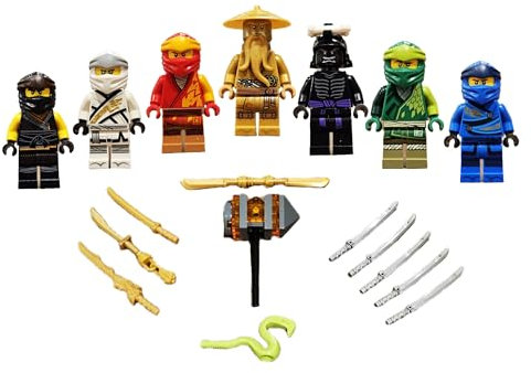 Lego Ninjago Figuren Alle 5 Ninja und Meister Wu ( Grüner Ninja Blauer Ninja Schwarzer Ninja Weisser Ninja und Roter Ninja ) und bmg2000 Aufkleber