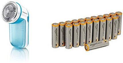 Philips GC026/00 Fusselrasierer für verschiedene Stoffe, 2 Höheneinstellungen, batteriebetrieben, türkis & Amazon Basics Performance Batterien Alkali, AA, 20 Stück