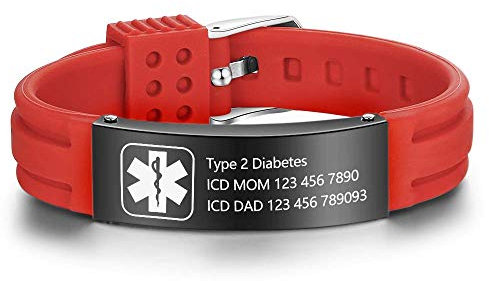 Grand Made Kostenlose Gravur 9 Zoll Silikon Einstellbare Medizinische Armbänder Sport Emergency ID Armbänder für Männer Frauen Kinder Wasserdichte Edelstahl Gummi Alert Armbänder (Red & Black)