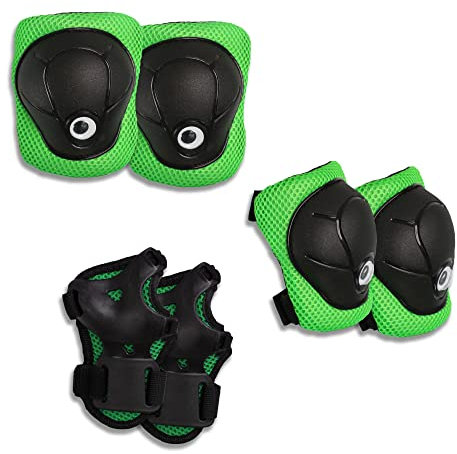 'Innovatives Kinderschutzset für Jungen & Mädchen - 3 in 1 Flexible Knieschützer, Ellbogenschützer und Handgelenkschützer + Netztasche - für Skateboard, BMX, Fahrrad, Inliner & Scooter (Grün)