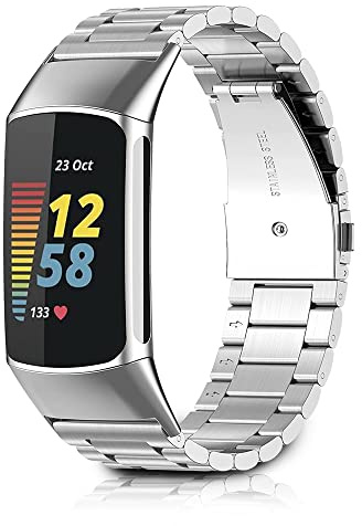 SeNool Armband für Fitbit Charge 6/Charge 5, [Metall Ersatzband] [Hohe Qualität Edelstahl] [Schweiß und Korrosionsbeständig] [Doppelte Faltschließe], Bänder für Fitbit Charge 6/Charge 5 - Silber