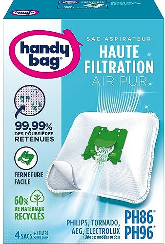 Handy Bag Sacs aspirateur PH86/PH99 x4sacs Compatibles Philips, Electrolux, AEG, Tornado 99,99% des poussières retenues - Fermeture facile - Filtre anti-allergène 60% de matériaux recyclés le lot de 3