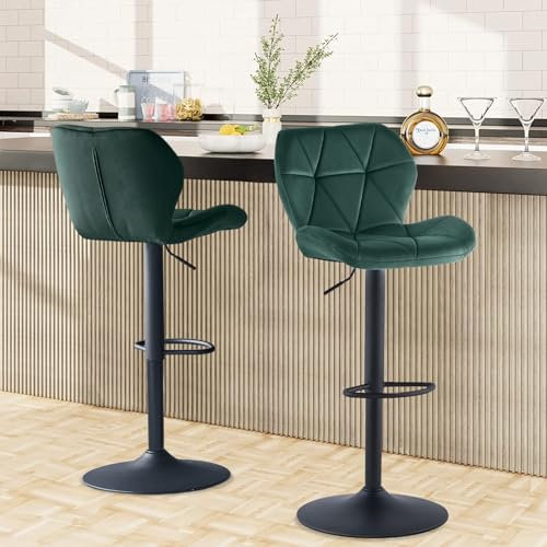 LEMROE Barhocker aus Samt, 2er-Set, höhenverstellbar, 360° drehbar, Barhocker mit Rückenlehne und Fußstütze, Frühstückstheke, Hocker, stabile Basis für Zuhause, Küche, Pub, Restaurant (Samt, Grün)