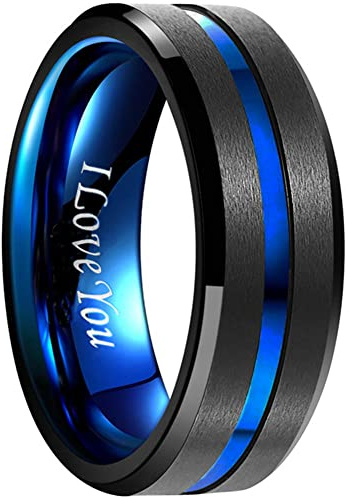 NUNCAD 8mm Mens Black Tungsten Rings Blue Groove Engagement Bands Beveled Edge Size 8.5