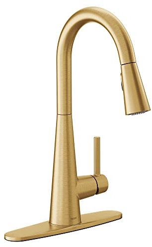 Moen 7864BG Elegante grifo de cocina moderno con un mango de arco alto con impulso de potencia, dorado cepillado