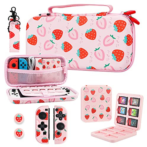 RHOTALL Süße Tragetasche für Nintendo Switch & Switch OLED-Abdeckung, harte tragbare Reisetasche für Switch-Zubehör mit Spieletui, 2 Joy Con-Shell, Schultergurt und 2 Daumenkappen - Pink Strawberry