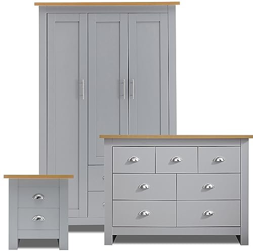 Blisswood 3 Piece Bedroom Furniture Set With 3 Door Wardrobe & 4+3 Drawer Chest of Drawer + 2 Drawer Bedside Table Cabinet for Bedroom Storage Furniture (Grey & Oak)