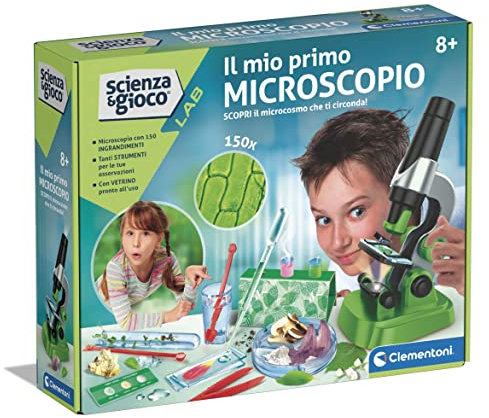 Clementoni - 19347 - Wissenschaft und Spiel Lab - Mein erstes Mikroskop - Laboratorium optisches Mikroskop 150X, wissenschaftliche Experimente für Kinder ab 8 Jahren (Spiel auf Italienisch), Made in