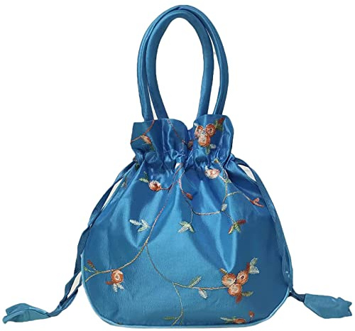 Small Drawstring Pouch Gift Bag Satin Embroidered Potli Coin Purse Handbag | 18.8×18.8×5.1 cm, Small Brocade Clutch, Cotton Lining, Secure Closure, Foldable, for Jewellery, Candy, Wedding Favours, Gifts