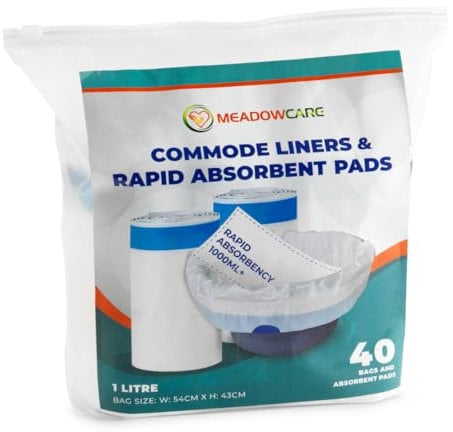 Meadowcare Commode Liners with Absorbent Pad, Pack of 40 | Fragrance Free, Super Absorbent Disposable Bags for Commodes, Bed Pans & Portable Toilets | Universal Fit