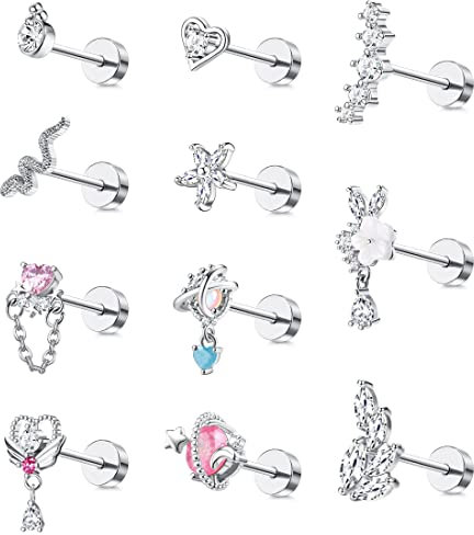 Morfetto 11 STÜCKE Knorpel Ohrringe für Frauen Männer Edelstahl Screwback Flache Rückseite Ohrringe Herz Baumeln Knorpel Ohrringbolzen CZ Knorpel Helix Piercing Schmuck Silber