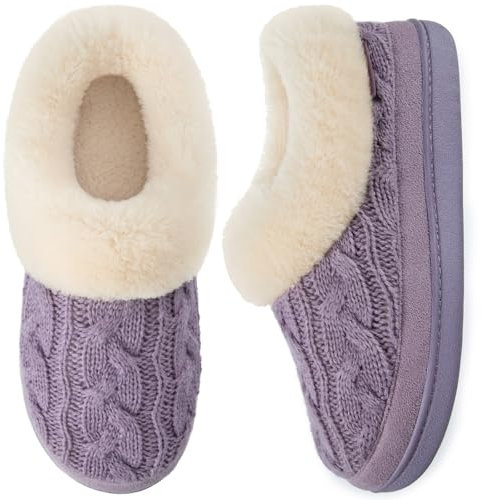 HomeTop Damen Gestrickte Hausschuhe Bequem Warm Winter Memory Schaum Rutschfeste Innen Außen Pantoffeln mit Flauschig Plüsch Kragen Violett, 39 EU