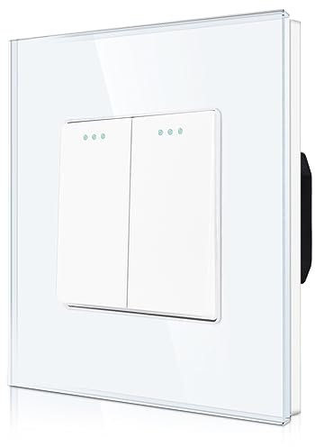 CNBINGO Rocker Lichtschalter 2 Fach 1 Weg Glas Lichtschalter, Modernem Kristallglas Wandplatte mit Leuchtpunkten, Weiß