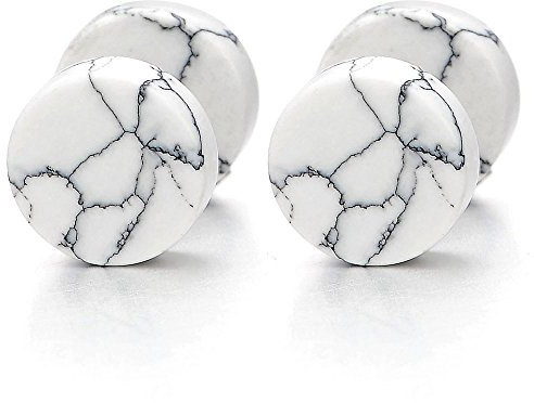 2 Herren Damen 6MM Weiß Marmor Ohrringe Ohrstecker Edelstahl Fake Plugs Ohr Cheater Tunnel Gauges Ohr-Piercing Edelstahl