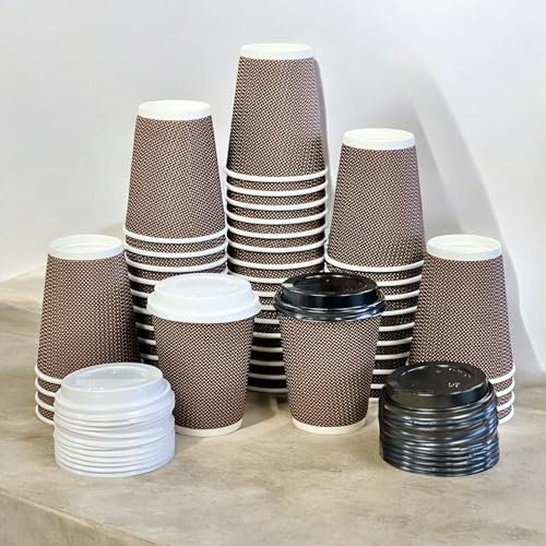 HOT BARGAINS 8oz Disposable Coffee Cups with Lids, 200 Pack, Brown & White, Ripple Paper, Recyclable Takeaway Cups for Hot and Cold Drinks