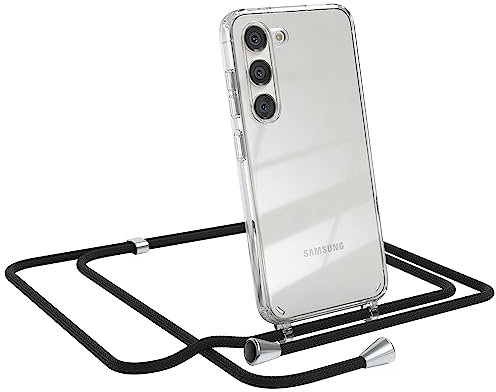 EAZY CASE - Handykette kompatibel mit Samsung Galaxy S23 Kette zum Umhängen für Samsung Galaxy S23 Hülle mit Band aus Silikon transparente Handyhülle als Fallschutz in Schwarz - Clips Silber