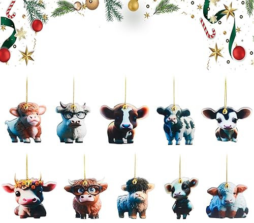 Cartoon-Kuh Dekorative Ornamente,10 Stück Rinderkuh Weihnachtsdeko, hängende Ornamente, Rinderkuh Acryl Auto Anhänger,Cartoon Kuh Home Baum Dekoration,für Home Decor Christmas Halloween Geschenk