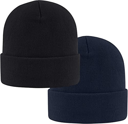 2 Stück Classics Beanie Mütze Herren Damen,Unisex Wintermütze,Knit Cuffed Beanie Hat,Dehnbar Weiche Strickmütze für läuft Autofahren Radfahren Arbeiten Outdoor (Schwarz und Navy blau,2 Stück)