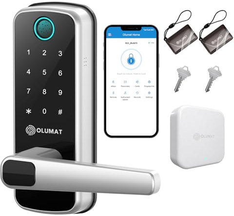 Serrure de porte intelligente avec poignée : serrure de porte d'entrée sans clé Olumat avec passerelle WiFi – Serrures intelligentes pour porte d'entrée avec clavier – Serrure à empreintes digitales
