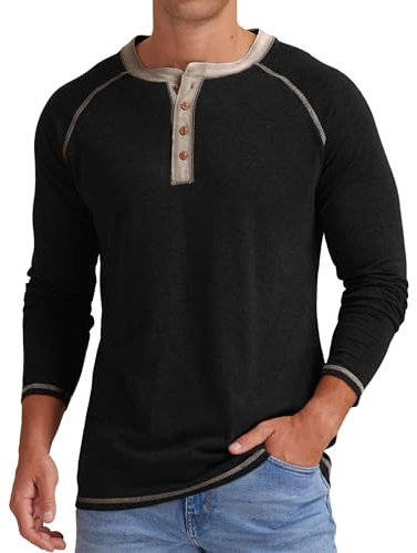 Sailwind Mens Henley T-Shirt Long Sleeve Cotton Tops Casual Shirt (Black, M)