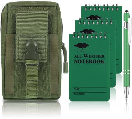 Prudiut 3 Pcs Waterproof Notebook with Weatherproof Pen and Tactical Cover Police Waterproof Notepad 3 x 5 Inch Pocket Notebook for Outdoor Records(Green)