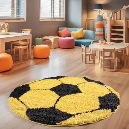SIMPEX Hochflor Kinderteppich Rund Fußball Design Teppich Kinderzimmer Junge 120 cm Runder Teppich Gelb und Schwarz Spielteppich für Junge und Mädchen Extra Weich