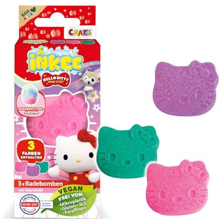 INKEE Mini Pack Hello Kitty, Set Di 3 Pompe Da Bagno Per Bambini Con Forme de Hello Kitty E Aromi Di Zucchero Filato, Divertimento Garantito
