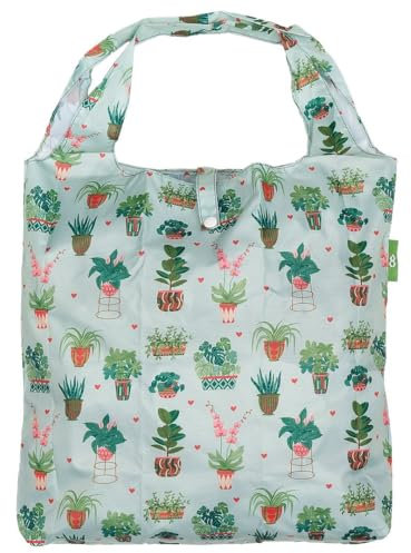 ECO CHIC Lightweight Foldable Reusable Shopping Bag Water Resistant Tote Bag (House Plant Mint)