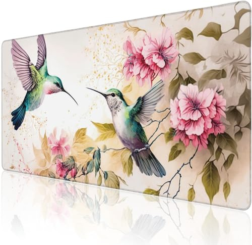 Sous-main de bureau, motif fleurs roses et oiseaux colibri, taille XXL, base en caoutchouc antidérapant, bords cousus, tapis de souris pour clavier d'ordinateur à domicile, bureau, 80 x 40 cm