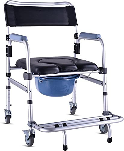 CAFIEDR Toilettenstuhl, Nachttisch-Toilettenstuhl, höhenverstellbar, Rollstuhl, 4-in-1 gepolsterter WC-Sitz mit 4 Bremsen, abnehmbarer Topf, klappbares Pedal, rutschfest, für ältere Menschen mit