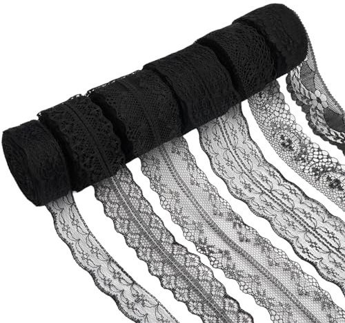 6 Rollen Spitzenband Schwarz, 2.2/2.8/4/4.5cm Schwarze Spitze,60m Spitzenstoff,Spitzenborte,Spitzenbordüre,Spitzenband Nähen,Spitzenbänder für Nähen Handwerk Hochzeit Deko Scrapbooking Geschenkbox