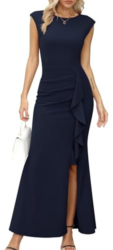 Missufe Robe de soirée maxi pour femme avec manches bouffantes et ouverture en forme de sirène pour mariage, cocktail, bal, bleu marine, Large