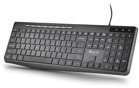 NGS Spellbound French - Ultraflache Multimedia-Tastatur mit leisen Tasten, 8 + 12 Multimediatasten, USB-C-Anschluss, spritzwassergeschützt, langlebig, LED-Anzeigen, Plug-and-Play