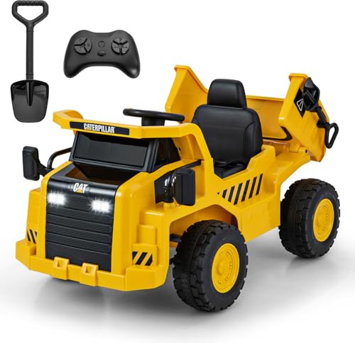 COSTWAY Caterpillar Elektroauto für Kinder, 12V Muldenkipper zum Draufsitzen mit Sandschaufel & Kippbett & Megafon, Elektro Kinderauto mit Fernbedienung, Aufsitz Kipper für Kinder ab 3 Jahren
