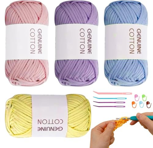 RANJIMA Häkelgarn für Anfänger, 4 Stück Einfach Garn, Gut Sichtbare Maschen Garn Zum Häkeln mit Häkelzubehör, Baumwoll-Nylon-Garns für Kleidung, Decken, Taschen, Pullover (Rosa + Lila + Blau + Gelb)