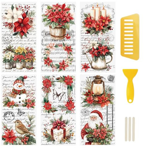 WANDIC 6 Sheets Christmas Flowers Letter Theme Rub On Transfer Sticker, Flower Decal for Home Party DIY Craft Scrapbooking Photo Furniture,15 * 30cm