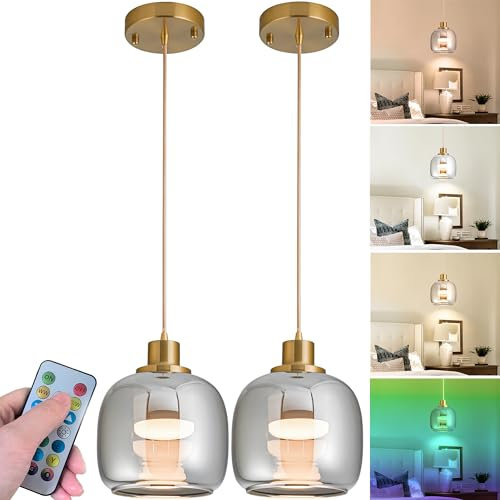 2 Pcs Battery Operated Pendant Light With 10000 mAh RGB Rechargeable Bulbs - 50 hrs Battery Life, Glass Hanging Ceiling Light With Remote Control for Kitchen Island, No Wiring Required