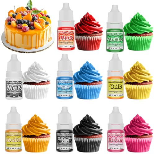 Lebensmittelfarbe Gel - 8 Lebendige Farben Lebensmittelfarbe, Tortendeko Food Coloring Hochkonzentriertes, Lebensmittelfarben für Fondant, Buttercreme, Kuchen, Macaron, Donuts - 6ml