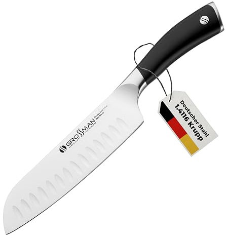 GROSSMAN® 003PF - Professional | Santoku Messer 31,0 cm | Ultrascharfer Küchenmesser | Deutschem Edelstahl Klinge 17,7 cm | mit Ergonomischen Griff 13,3 cm (235 Gramm)
