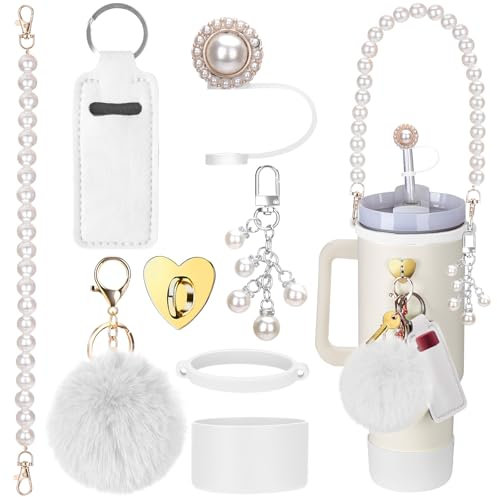 Mity rain 8 accesorios de taza para vaso Stanley de 30 onzas y 40 onzas con asa, incluyendo correa para mango de botella de agua, soporte para lápiz labial, bota, abalorios, tapa de cubierta de popote