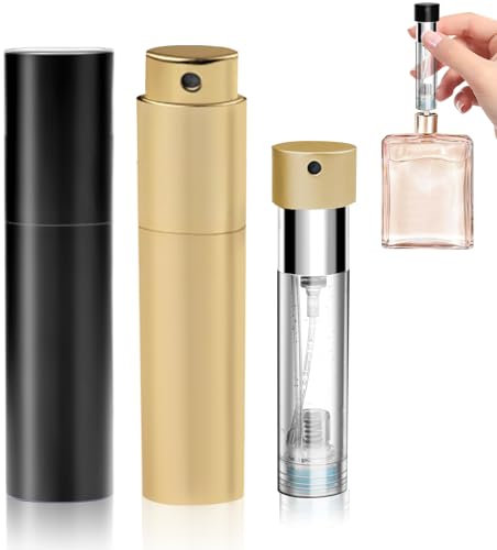 FYY Atomizador de perfume de viaje recargable, 2 mini botellas de perfume recargables de 5 ml, a prueba de fugas, bomba inferior sin embudo, lujosa botella de perfume negra y dorada
