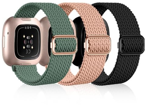 OFFCUP 3 Stück Elastisch Nylon Armband Kompatibel mit Fitbit Versa 3/ Versa 4/ Fitbit Sense/Sense 2 Weiches Band Uhrenarmband Sports Watch Armbänder für Damen Herren Nylon Band Ersatzband