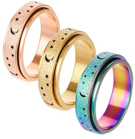 Heclia 3-Teilige Anti-Stress Spinner Ringe, Leise Fidget Ringe Für Damen Und Herren, Edelstahl Spinner Ring Mit Mondstern Design, Sandblast Finish, Angstabbau Fingerspielzeug Für Erwachsene
