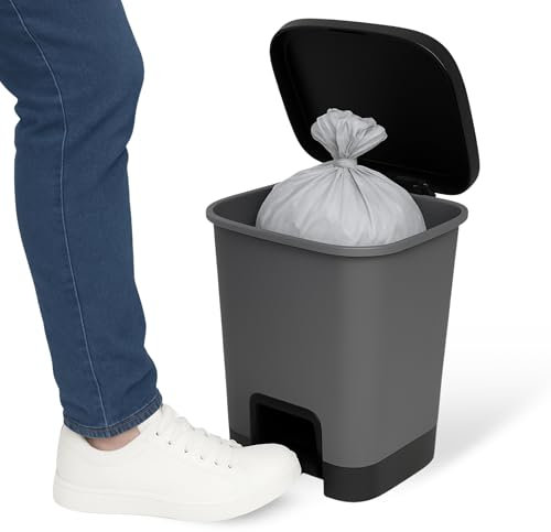 TECHZOCO Cubo basura plástico, Cubo basura apertura pedal, Papelera de pedal, cubo de Pedal, Basura para oficina, Libre BPA, 40 cm alto x 32 cm ancho x 28 cm fondo, Capacidad 18 Litros, Gris/Negro.