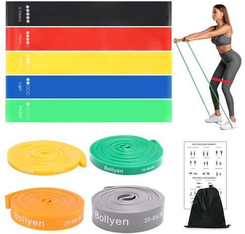 Bollyen Bandes de Résistance | Pack Combiné Élastique Musculation & Bande Élongation | 9 Pièces pour Gym Maison, Yoga, Étirement | Homme/Femme | Sac + Poster Inclus