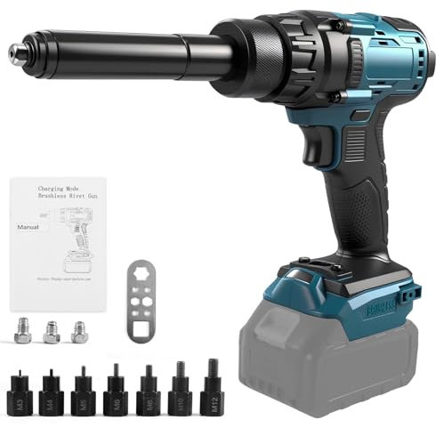 Remachadora inalámbrica y remachadora 2 en 1, pistola eléctrica portátil compatible con batería Makita de 18 V (sin batería), con mandriles de tuercas M3 M4 M5 M6 M8 M10 M12, 4 adaptadores y luz LED