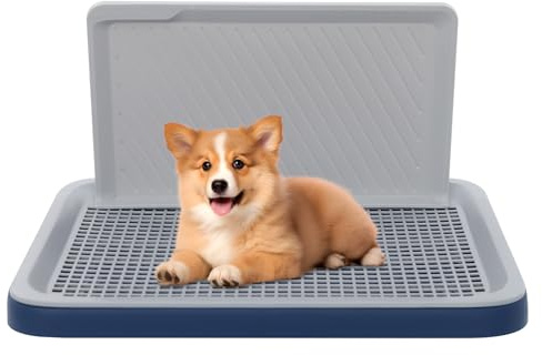 TkkMivcOC Dog Potty Training Toilet, Large Mesh Grid Dog Pee Pad Holder with Post and Protection Wall, Portable Indoor Pet Potty Tray for Large Small Medium Pets, 19.88x15.35x1.18 in (Blue)