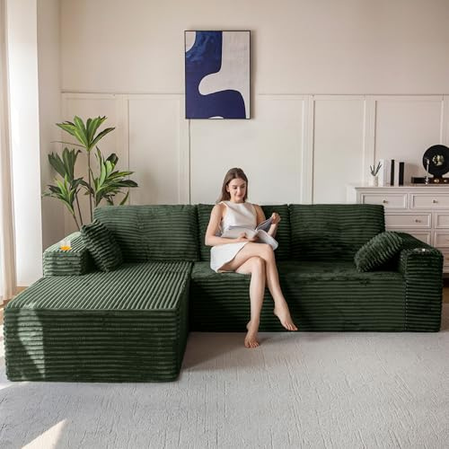 MAXYOYO Modular Sectional Sofa, Modern Boneless Couch 3-4 Seater Corner Sofa Left/Right Hand Facing Corduroy, Oversized Sofa L Shaped Sofa Bed for Living Room Bedroom, No Assembly Required, Green